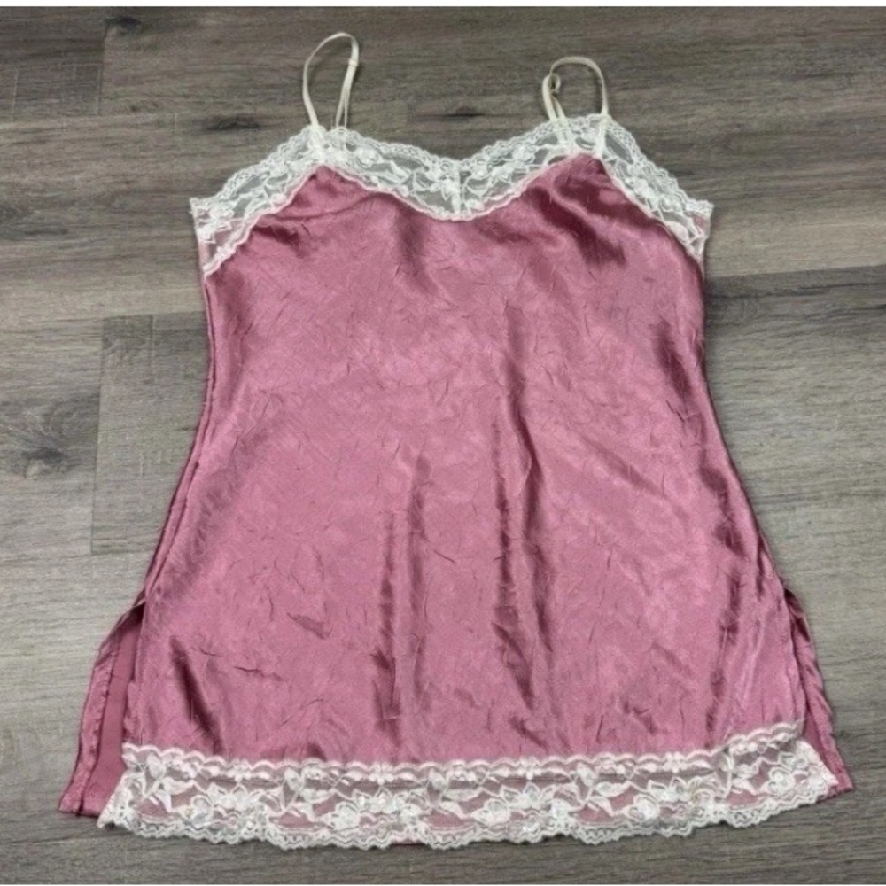 Vintage Y2K No Boundaries Babydoll Cami Tank Top Juniors L Pink W/Tan Lace Trim